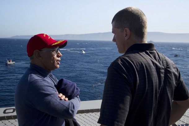 NASA Administrator Charlie Bolden, at left, talked with Jeremy Graeber, NASA Recovery director for Exploration Flight Test-1 Landing and Recovery Operations, on the deck of the USS Anchorage on Sept. 15, during the first day of Orion Underway Recovery Test 3. Image Credit: NASA/Cory Huston NASA Administrator Charlie Bolden, at left, talked with Jeremy Graeber, NASA Recovery director for Exploration Flight Test-1 Landing and Recovery Operations, on the deck of the USS Anchorage on Sept. 15, during the first day of Orion Underway Recovery Test 3. Image Credit: NASA/Cory Huston