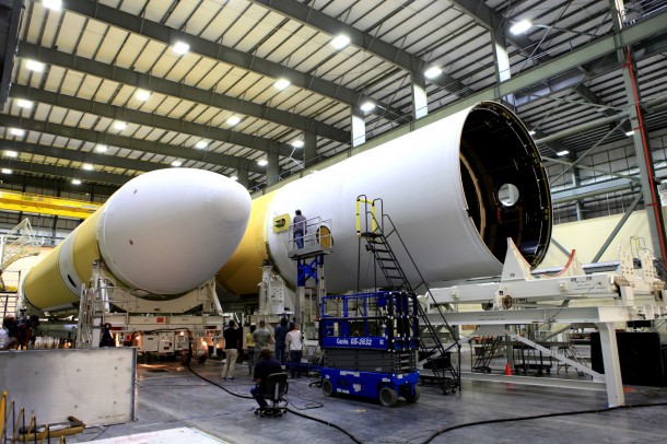 In the Horizontal Integration Facility at Cape Canaveral Air Force Station, two core elements of a Delta IV Heavy rocket are brought together in preparation for Exploration Flight Test-1. Image Credit: NASA/Ben Smegelsky In the Horizontal Integration Facility at Cape Canaveral Air Force Station, two core elements of a Delta IV Heavy rocket are brought together in preparation for Exploration Flight Test-1. Image Credit: NASA/Ben Smegelsky