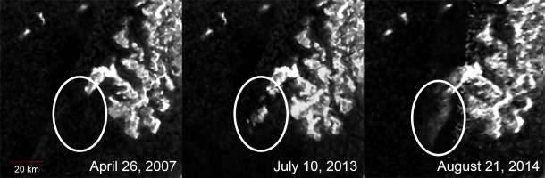 These three images, created from Cassini Synthetic Aperture Radar (SAR) data, show the appearance and evolution of a mysterious feature in Ligeia Mare, one of the largest hydrocarbon seas on Saturn's moon Titan. Image Credit: NASA/JPL-Caltech/ASI/Cornell These three images, created from Cassini Synthetic Aperture Radar (SAR) data, show the appearance and evolution of a mysterious feature in Ligeia Mare, one of the largest hydrocarbon seas on Saturn's moon Titan. Image Credit: NASA/JPL-Caltech/ASI/Cornell