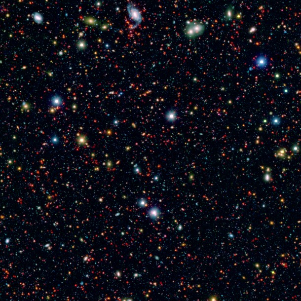 Millions of galaxies populate the patch of sky known as the COSMOS field, short for Cosmic Evolution Survey, a portion of which is shown here. Even the smallest dots in this image are galaxies, some up to 12 billion light-years away. Image Credit: Image credit: NASA/JPL-Caltech Millions of galaxies populate the patch of sky known as the COSMOS field, short for Cosmic Evolution Survey, a portion of which is shown here. Even the smallest dots in this image are galaxies, some up to 12 billion light-years away. Image Credit: Image credit: NASA/JPL-Caltech