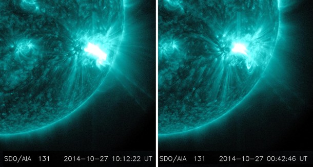 NASA's SDO captured images of two M-class flares erupting from the same region on the sun. The flare on the left peaked at 8:34 pm EDT on Oct. 26, 2014; the flare on the right peaked at 6:09 am EDT on Oct. 27, 2014. The images show EUV light of 131 Angstroms, which is typically colorized in teal. Image Credit: NASA/SDO NASA's SDO captured images of two M-class flares erupting from the same region on the sun. The flare on the left peaked at 8:34 pm EDT on Oct. 26, 2014; the flare on the right peaked at 6:09 am EDT on Oct. 27, 2014. The images show EUV light of 131 Angstroms, which is typically colorized in teal. Image Credit: NASA/SDO