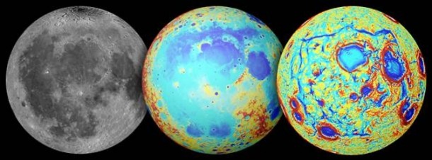 Earth's moon as observed in visible light (left), topography (center, where red is high and blue is low), and the GRAIL gravity gradients (right). The Procellarum region is a broad region of low topography covered in dark mare basalt. The gravity gradients reveal a giant rectangular pattern of structures surrounding the region. Image Credit: NASA/GSFC/JPL/Colorado School of Mines/MIT Earth's moon as observed in visible light (left), topography (center, where red is high and blue is low), and the GRAIL gravity gradients (right). The Procellarum region is a broad region of low topography covered in dark mare basalt. The gravity gradients reveal a giant rectangular pattern of structures surrounding the region. Image Credit: NASA/GSFC/JPL/Colorado School of Mines/MIT