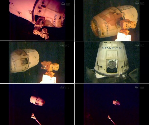 This series of images, captured by cameras on the International Space Station (ISS) show the departure from the station of SpaceX's Dragon cargo spacecraft. Image Credit: NASA This series of images, captured by cameras on the International Space Station (ISS) show the departure from the station of SpaceX's Dragon cargo spacecraft. Image Credit: NASA