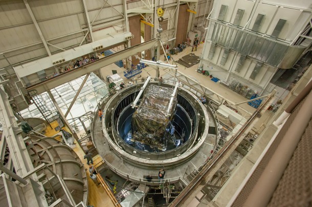A crane removes the heart of the James Webb Space Telescope from the Thermal Vacuum Chamber where it spent 116 days of space-like environmental testing. Image Credit: NASA/Desiree Stover A crane removes the heart of the James Webb Space Telescope from the Thermal Vacuum Chamber where it spent 116 days of space-like environmental testing. Image Credit: NASA/Desiree Stover