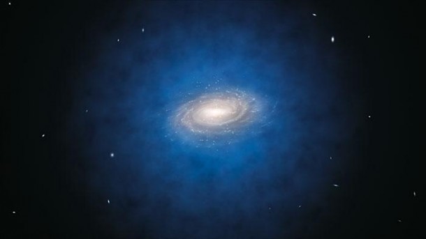 This is an artist's impression of the Milky Way and its dark matter halo (shown in blue, but in reality invisible). Credit: Credit: ESO/L. Calçada This is an artist's impression of the Milky Way and its dark matter halo (shown in blue, but in reality invisible). Credit: Credit: ESO/L. Calçada