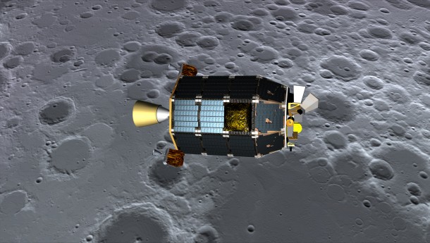 An artist's concept of NASA's Lunar Atmosphere and Dust Environment Explorer (LADEE) spacecraft seen orbiting near the surface of the moon. Image Credit: NASA Ames/Dana Berry An artist's concept of NASA's Lunar Atmosphere and Dust Environment Explorer (LADEE) spacecraft seen orbiting near the surface of the moon. Image Credit: NASA Ames/Dana Berry