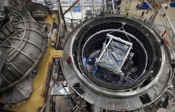 The heart of the James Webb Space Telescope is removed from the Thermal Vacuum Chamber after successfully completing weeks of environmental testing. Image Credit: NASA/Chris Gunn The heart of the James Webb Space Telescope is removed from the Thermal Vacuum Chamber after successfully completing weeks of environmental testing. Image Credit: NASA/Chris Gunn