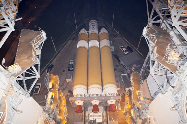 In a view from high above, the Delta IV Heavy rocket for Exploration Flight Test-1 arrived at the pad at Space Launch Complex 37 on Sept. 30. Image Credit: NASA/Dimitri Gerondidakis In a view from high above, the Delta IV Heavy rocket for Exploration Flight Test-1 arrived at the pad at Space Launch Complex 37 on Sept. 30. Image Credit: NASA/Dimitri Gerondidakis