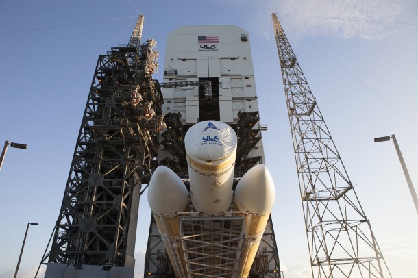 The United Launch Alliance Delta IV Heavy rocket for Exploration Flight Test-1 was lifted to the vertical position Oct. 1 at the pad at Space Launch Complex 37 at Cape Canaveral Air Force Station in Florida. Image Credit: NASA/Daniel Casper The United Launch Alliance Delta IV Heavy rocket for Exploration Flight Test-1 was lifted to the vertical position Oct. 1 at the pad at Space Launch Complex 37 at Cape Canaveral Air Force Station in Florida. Image Credit: NASA/Daniel Casper