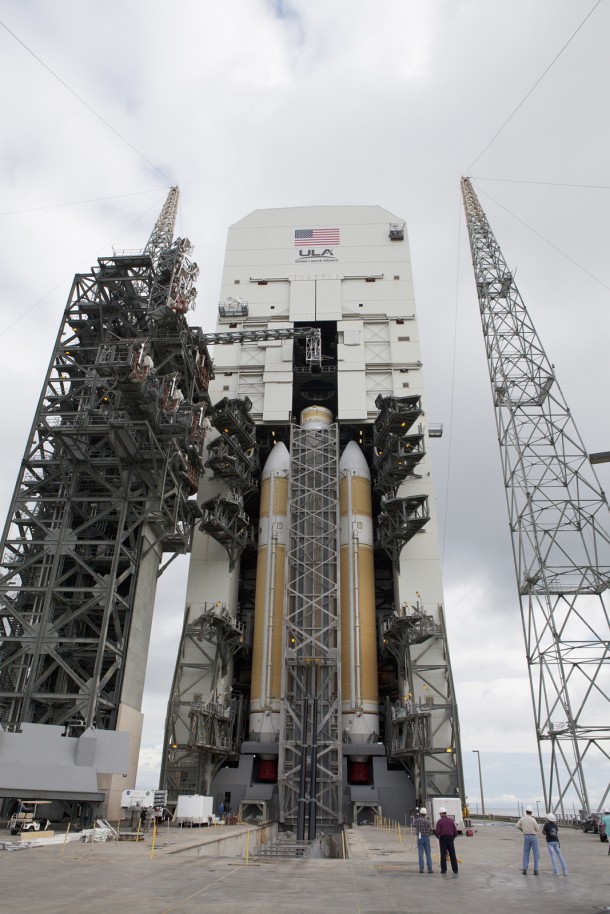 The Delta IV Heavy rocket was raised to the vertical position in the Mobile Service Tower on the pad at Space Launch Complex 37 on Oct. 1. Image Credit: NASA/Daniel Casper The Delta IV Heavy rocket was raised to the vertical position in the Mobile Service Tower on the pad at Space Launch Complex 37 on Oct. 1. Image Credit: NASA/Daniel Casper