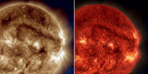 A dark snaking line in the upper right of these images on Sept. 30, 2014, show a filament of solar material hovering above the sun's surface. NASA's SDO captured the images in extreme UV light – different colors represent different wavelengths of light and different temperatures of solar material. Image Credit: NASA/SDO A dark snaking line in the upper right of these images on Sept. 30, 2014, show a filament of solar material hovering above the sun's surface. NASA's SDO captured the images in extreme UV light – different colors represent different wavelengths of light and different temperatures of solar material. Image Credit: NASA/SDO