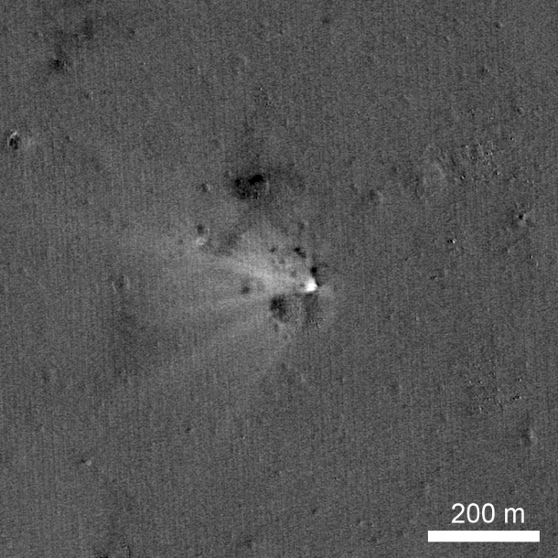 LRO has imaged the LADEE impact site on the eastern rim of Sundman V crater. The image was created by ratioing two images, one taken before the impact and another afterwards. The bright area highlights what has changed between the time of the two images, specifically the impact point and the ejecta. Image Credit: NASA/Goddard/Arizona State University LRO has imaged the LADEE impact site on the eastern rim of Sundman V crater. The image was created by ratioing two images, one taken before the impact and another afterwards. The bright area highlights what has changed between the time of the two images, specifically the impact point and the ejecta. Image Credit: NASA/Goddard/Arizona State University
