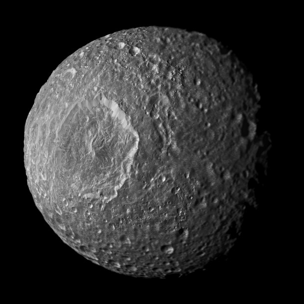 This mosaic of Saturn's moon Mimas was created from images taken by NASA's Cassini spacecraft during its closest flyby of the moon on Feb. 13, 2010. Image Credit: NASA/JPL-Caltech/Space Science Institute This mosaic of Saturn's moon Mimas was created from images taken by NASA's Cassini spacecraft during its closest flyby of the moon on Feb. 13, 2010. Image Credit: NASA/JPL-Caltech/Space Science Institute