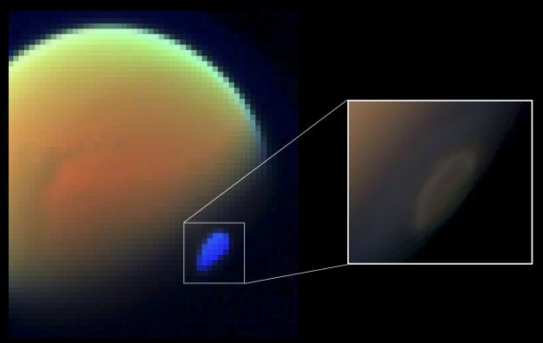 These two views of Saturn's moon Titan show the southern polar vortex, a huge, swirling cloud that was first observed by NASA's Cassini spacecraft in 2012. Image Credit: NASA/JPL-Caltech/ASI/Univ. of Arizona/SSI/Leiden Obsv./SRON These two views of Saturn's moon Titan show the southern polar vortex, a huge, swirling cloud that was first observed by NASA's Cassini spacecraft in 2012. Image Credit: NASA/JPL-Caltech/ASI/Univ. of Arizona/SSI/Leiden Obsv./SRON