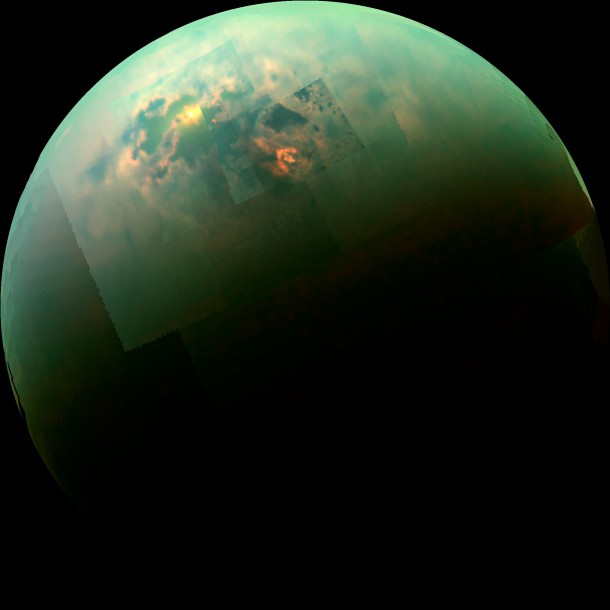 This near-infrared, color view from Cassini shows the sun glinting off of Titan's north polar seas. Image Credit: NASA/JPL-Caltech/Univ. Arizona/Univ. Idaho This near-infrared, color view from Cassini shows the sun glinting off of Titan's north polar seas. Image Credit: NASA/JPL-Caltech/Univ. Arizona/Univ. Idaho