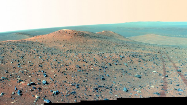 This north-looking vista from NASA's Mars Rover Opportunity shows "Wdowiak Ridge," from left foreground to center. This version is presented in false color, which enhances visibility of the rover's wheel tracks at right. It combines multiple images taken by Opportunity's Pancam on Sept. 17, 2014. Image Credit: NASA/JPL-Caltech/Cornell Univ./Arizona State Univ. This north-looking vista from NASA's Mars Rover Opportunity shows "Wdowiak Ridge," from left foreground to center. This version is presented in false color, which enhances visibility of the rover's wheel tracks at right. It combines multiple images taken by Opportunity's Pancam on Sept. 17, 2014. Image Credit: NASA/JPL-Caltech/Cornell Univ./Arizona State Univ.