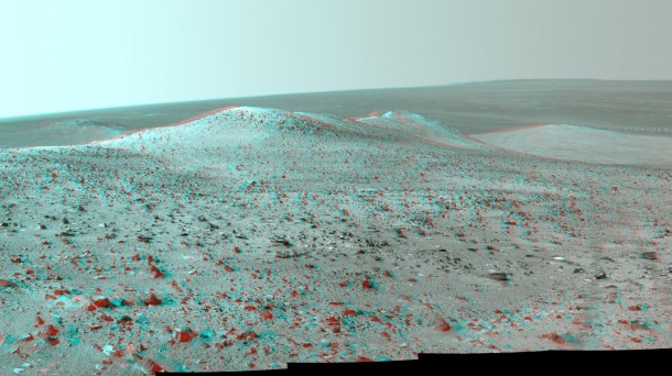 This stereo vista from NASA's Mars Rover Opportunity shows "Wdowiak Ridge," from left foreground to center, as part of a northward look. The image combines Sept. 17, 2014, views from the left eye and right eye of Opportunity's Pancam to appear three-dimensional when seen through blue-red glasses. Image Credit: NASA/JPL-Caltech/Cornell Univ./Arizona State Univ. This stereo vista from NASA's Mars Rover Opportunity shows "Wdowiak Ridge," from left foreground to center, as part of a northward look. The image combines Sept. 17, 2014, views from the left eye and right eye of Opportunity's Pancam to appear three-dimensional when seen through blue-red glasses. Image Credit: NASA/JPL-Caltech/Cornell Univ./Arizona State Univ.