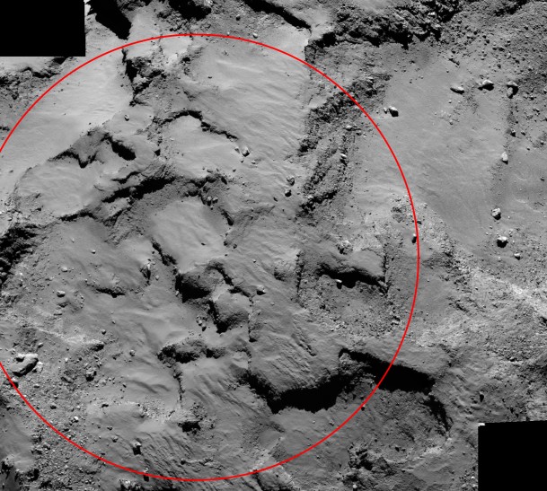 An annotated mosaic from the Rosetta spacecraft shows “Site J,” the primary landing site on comet 67P/Churyumov–Gerasimenko for the mission’s Philae lander. Image Credit: ESA/Rosetta/MPS/UPD/LAM/IAA/SSO/INTA/UPM/DASP/IDA An annotated mosaic from the Rosetta spacecraft shows “Site J,” the primary landing site on comet 67P/Churyumov–Gerasimenko for the mission’s Philae lander. Image Credit: ESA/Rosetta/MPS/UPD/LAM/IAA/SSO/INTA/UPM/DASP/IDA
