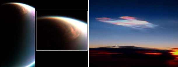 This cloud in the stratosphere over Titan’s north pole (left) is similar to Earth’s polar stratospheric clouds (right). NASA scientists found that Titan’s cloud contains methane ice, which was not previously thought to form in that part of the atmosphere. Cassini first spotted the cloud in 2006. Image Credit: L. NASA/JPL/U. of Ariz./LPGNantes; R. NASA/GSFC/M. Schoeberl This cloud in the stratosphere over Titan’s north pole (left) is similar to Earth’s polar stratospheric clouds (right). NASA scientists found that Titan’s cloud contains methane ice, which was not previously thought to form in that part of the atmosphere. Cassini first spotted the cloud in 2006. Image Credit: L. NASA/JPL/U. of Ariz./LPGNantes; R. NASA/GSFC/M. Schoeberl