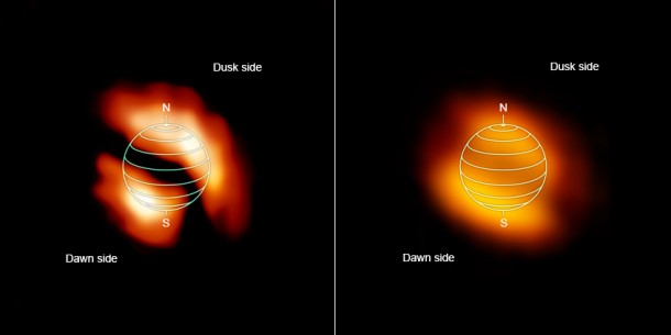 High in the atmosphere of Titan, large patches of two trace gases glow near the north pole, on the dusk side of the moon, and near the south pole, on the dawn side. Brighter colors indicate stronger signals from the two gases, HNC (left) and HC3N (right); red hues indicate less pronounced signals. Image Credit: NRAO/AUI/NSF High in the atmosphere of Titan, large patches of two trace gases glow near the north pole, on the dusk side of the moon, and near the south pole, on the dawn side. Brighter colors indicate stronger signals from the two gases, HNC (left) and HC3N (right); red hues indicate less pronounced signals. Image Credit: NRAO/AUI/NSF