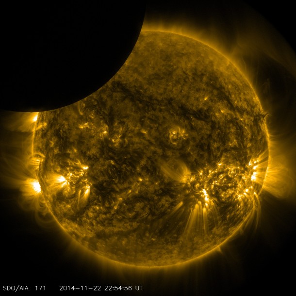 The moon partially obscured the view of the sun from NASA's Solar Dynamics Observatory, or SDO, on Nov. 22, 2014. This lunar transit was visible only from SDO's point of view. Image Credit: NASA/SDO The moon partially obscured the view of the sun from NASA's Solar Dynamics Observatory, or SDO, on Nov. 22, 2014. This lunar transit was visible only from SDO's point of view. Image Credit: NASA/SDO
