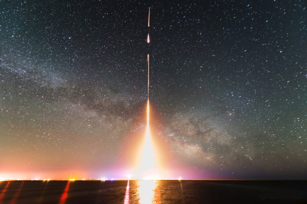 This is a time-lapse photograph of the Cosmic Infrared Background Experiment (CIBER) rocket launch, taken from NASA's Wallops Flight Facility in Virginia in 2013. The image is from the last of four launches. Image Credit: T. Arai/University of Tokyo This is a time-lapse photograph of the Cosmic Infrared Background Experiment (CIBER) rocket launch, taken from NASA's Wallops Flight Facility in Virginia in 2013. The image is from the last of four launches. Image Credit: T. Arai/University of Tokyo