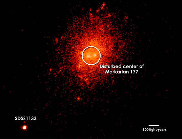 Using the Keck II telescope in Hawaii and a near-infrared filter, researchers obtained high-resolution images of the dwarf galaxy Markarian 177 and SDSS1133. (Photo: Keck Observatory, Michael Koss / ETH Zurich) Using the Keck II telescope in Hawaii and a near-infrared filter, researchers obtained high-resolution images of the dwarf galaxy Markarian 177 and SDSS1133. (Photo: Keck Observatory, Michael Koss / ETH Zurich)