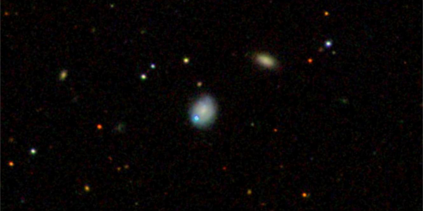 This optical image shows host galaxy, the dwarf galaxy Markarian 177 (centre) and SDSS1133 (blue spot next to it) that lie 90 million light-years away. The galaxy is located in the constellation Ursa Major. (Photo: Sloan Digital Sky Survey) This optical image shows host galaxy, the dwarf galaxy Markarian 177 (centre) and SDSS1133 (blue spot next to it) that lie 90 million light-years away. The galaxy is located in the constellation Ursa Major. (Photo: Sloan Digital Sky Survey)