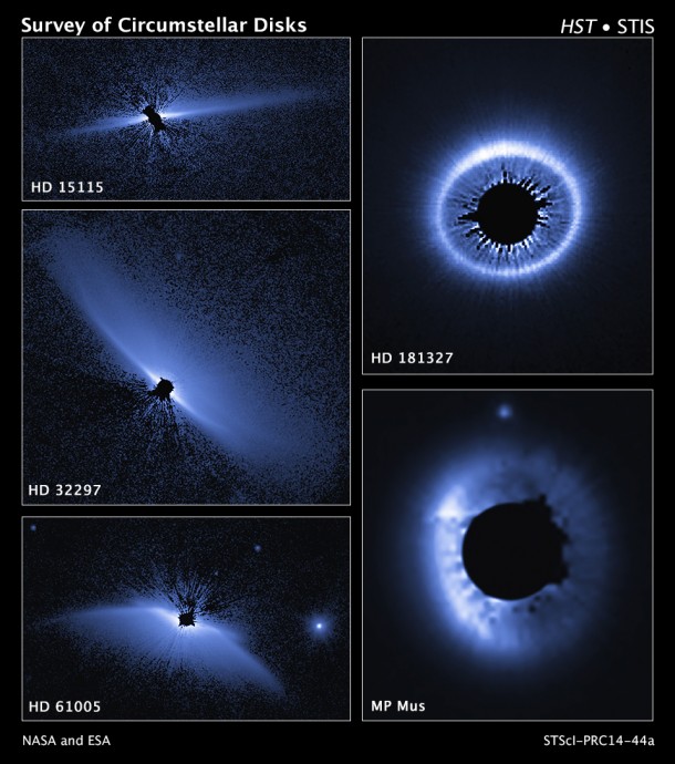 This is a set of images from a NASA Hubble Space Telescope visible-light survey of the architecture of debris systems around young stars. Hubble's sharp view uncovers an unexpected diversity and complexity in the structures. Image Credit: NASA/ESA/G. Schneider/U. Arizona This is a set of images from a NASA Hubble Space Telescope visible-light survey of the architecture of debris systems around young stars. Hubble's sharp view uncovers an unexpected diversity and complexity in the structures. Image Credit: NASA/ESA/G. Schneider/U. Arizona