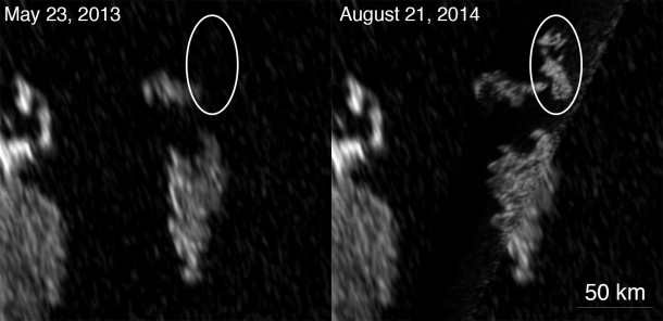 Cassini's radar instrument images show that a bright feature appeared in Kraken Mare, Titan's largest sea. Image Credit: NASA/JPL-Caltech/ASI/Cornell Cassini's radar instrument images show that a bright feature appeared in Kraken Mare, Titan's largest sea. Image Credit: NASA/JPL-Caltech/ASI/Cornell