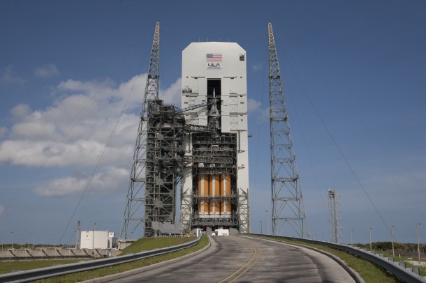 The Orion and Delta IV Heavy rocket stacked for launch at Space Launch Complex 37 at Cape Canaveral Air Force Station in Florida. Image Credit: NASA/Kim Shiflett The Orion and Delta IV Heavy rocket stacked for launch at Space Launch Complex 37 at Cape Canaveral Air Force Station in Florida. Image Credit: NASA/Kim Shiflett