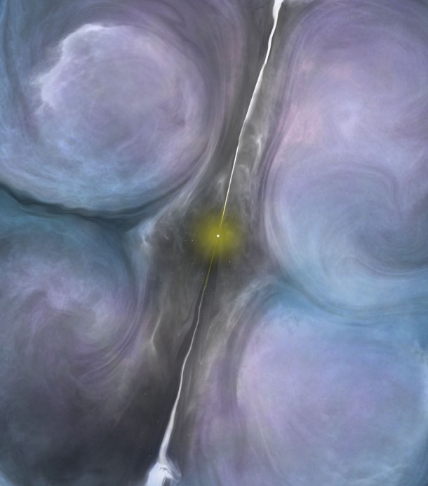 Artist impression of the central region of NGC 1266. The jets from the central black hole are creating turbulence in the surrounding molecular gas, suppressing star formation in an otherwise ideal environment to form new stars. Credit: B. Saxton (NRAO/AUI/NSF) Artist impression of the central region of NGC 1266. The jets from the central black hole are creating turbulence in the surrounding molecular gas, suppressing star formation in an otherwise ideal environment to form new stars. Credit: B. Saxton (NRAO/AUI/NSF)