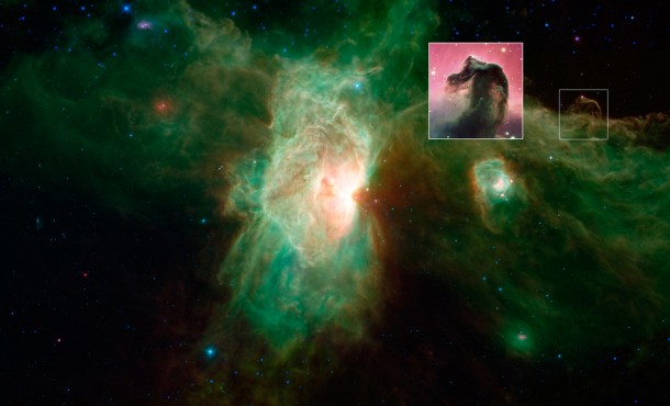 The famous Horsehead nebula of visible-light images (inset) looks quite different when viewed in infrared light, as seen in this newly released image from NASA's Spitzer Space Telescope. Image credit: NASA/JPL-Caltech/ESO The famous Horsehead nebula of visible-light images (inset) looks quite different when viewed in infrared light, as seen in this newly released image from NASA's Spitzer Space Telescope. Image credit: NASA/JPL-Caltech/ESO