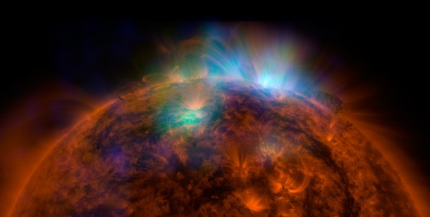 X-rays stream off the sun in this image showing observations from by NASA's Nuclear Spectroscopic Telescope Array, or NuSTAR, overlaid on a picture taken by NASA's Solar Dynamics Observatory (SDO).Image credit: NASA/JPL-Caltech/GSFC X-rays stream off the sun in this image showing observations from by NASA's Nuclear Spectroscopic Telescope Array, or NuSTAR, overlaid on a picture taken by NASA's Solar Dynamics Observatory (SDO).Image credit: NASA/JPL-Caltech/GSFC