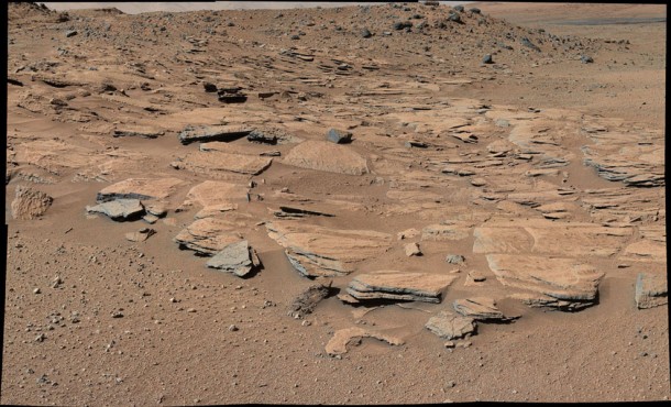 This image from Curiosity's Mastcam shows inclined beds of sandstone interpreted as the deposits of small deltas fed by rivers flowing down from the Gale Crater rim and building out into a lake where Mount Sharp is now. Credit: NASA/JPL-Caltech/MSSS This image from Curiosity's Mastcam shows inclined beds of sandstone interpreted as the deposits of small deltas fed by rivers flowing down from the Gale Crater rim and building out into a lake where Mount Sharp is now. Credit: NASA/JPL-Caltech/MSSS