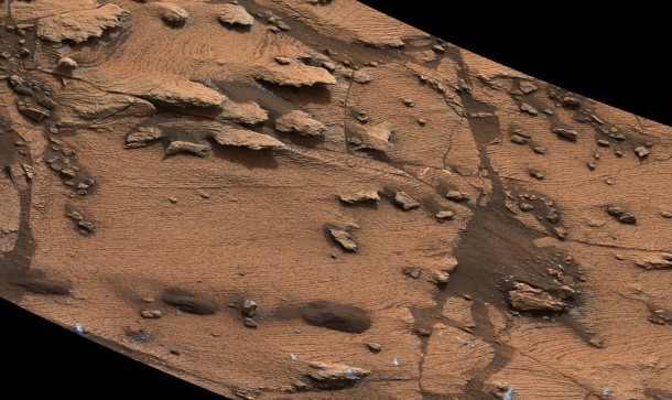 This image shows an example of a thin-laminated, evenly stratified rock type that occurs in the "Pahrump Hills" outcrop at the base of Mount Sharp on Mars. Credit: NASA/JPL-Caltech/MSSS This image shows an example of a thin-laminated, evenly stratified rock type that occurs in the "Pahrump Hills" outcrop at the base of Mount Sharp on Mars. Credit: NASA/JPL-Caltech/MSSS