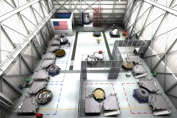 Concept of the floor of the CST-100 assembly facility that Boeing envisions at Kennedy Space Center. Image Credit: Boeing Concept of the floor of the CST-100 assembly facility that Boeing envisions at Kennedy Space Center. Image Credit: Boeing