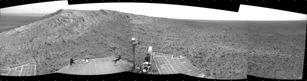 NASA's Mars Exploration Rover Opportunity recorded this view of the summit of "Cape Tribulation," on the western rim of Endeavour Crater on the day before the rover drove to the top. This crest is about 440 feet higher in elevation than the plain surrounding the crater. Image Credit: NASA/JPL-Caltech NASA's Mars Exploration Rover Opportunity recorded this view of the summit of "Cape Tribulation," on the western rim of Endeavour Crater on the day before the rover drove to the top. This crest is about 440 feet higher in elevation than the plain surrounding the crater. Image Credit: NASA/JPL-Caltech