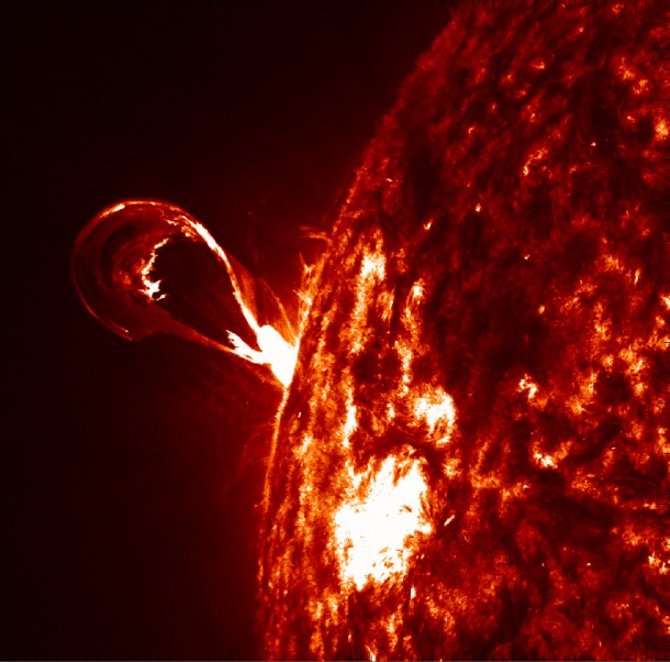 Scientists are trying to understand the precise details of what creates giant explosions in the sun's atmosphere, such as this solar eruption from Oct. 14, 2012, as seen by NASA's Solar Dynamic Observatory. The Earth has been added to show scale. Image Credit: NASA/SDO/Amari Scientists are trying to understand the precise details of what creates giant explosions in the sun's atmosphere, such as this solar eruption from Oct. 14, 2012, as seen by NASA's Solar Dynamic Observatory. The Earth has been added to show scale. Image Credit: NASA/SDO/Amari