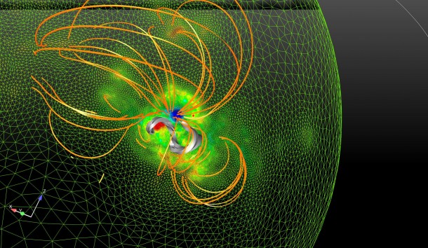 Scientists created this model to examine the magnetic field before a giant solar eruption – a coronal mass ejection – which occurred on Dec. 13, 2006. The orange lines show magnetic field lines. The grey line represents what's called a flux rope, which built up the day before the event. Image Credit: Amari/Ecole Poytechnique Scientists created this model to examine the magnetic field before a giant solar eruption – a coronal mass ejection – which occurred on Dec. 13, 2006. The orange lines show magnetic field lines. The grey line represents what's called a flux rope, which built up the day before the event. Image Credit: Amari/Ecole Poytechnique