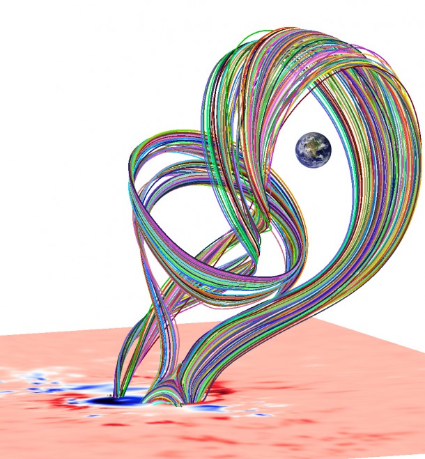 A model of the eruption of a giant magnetic rope that led to a coronal mass ejection on the sun in December 2006. The model showed that magnetic fields built up for several days before the eruption. Image Credit: Amari/Ecole Poytechnique A model of the eruption of a giant magnetic rope that led to a coronal mass ejection on the sun in December 2006. The model showed that magnetic fields built up for several days before the eruption. Image Credit: Amari/Ecole Poytechnique