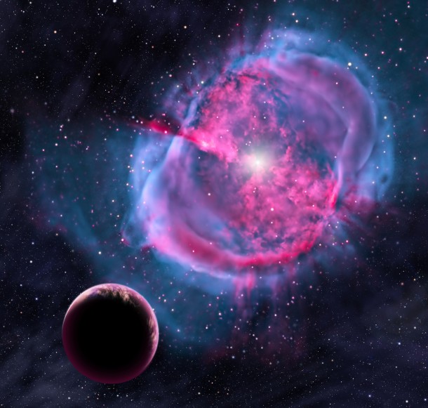 This artist’s conception depicts an Earth-like planet orbiting an evolved star that has formed a stunning "planetary nebula." Earlier in its life, this planet may have been like one of the eight newly discovered worlds orbiting in the habitable zones of their stars. David A. Aguilar (CfA) This artist’s conception depicts an Earth-like planet orbiting an evolved star that has formed a stunning "planetary nebula." Earlier in its life, this planet may have been like one of the eight newly discovered worlds orbiting in the habitable zones of their stars. David A. Aguilar (CfA)