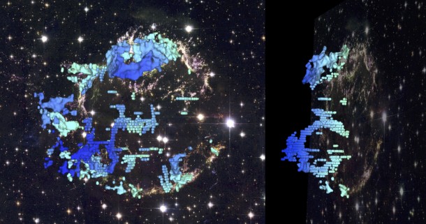 This composite image shows two perspectives of a three-dimensional reconstruction of the Cassiopeia A supernova remnant. This new 3-D map provides the first detailed look at the distribution of stellar debris following a supernova explosion. Such 3-D reconstructions encode important information for astronomers about how massive stars actually explode. The blue-to-red colors correspond to the varying speed of the emitting gas along our line of sight. The background is a Hubble Space Telescope composite image of the supernova remnant. D. Milisavljevic (CfA) & R. Fesen (Dartmouth). Background image: NASA, ESA, and the Hubble Heritage Team. This composite image shows two perspectives of a three-dimensional reconstruction of the Cassiopeia A supernova remnant. This new 3-D map provides the first detailed look at the distribution of stellar debris following a supernova explosion. Such 3-D reconstructions encode important information for astronomers about how massive stars actually explode. The blue-to-red colors correspond to the varying speed of the emitting gas along our line of sight. The background is a Hubble Space Telescope composite image of the supernova remnant. D. Milisavljevic (CfA) & R. Fesen (Dartmouth). Background image: NASA, ESA, and the Hubble Heritage Team.