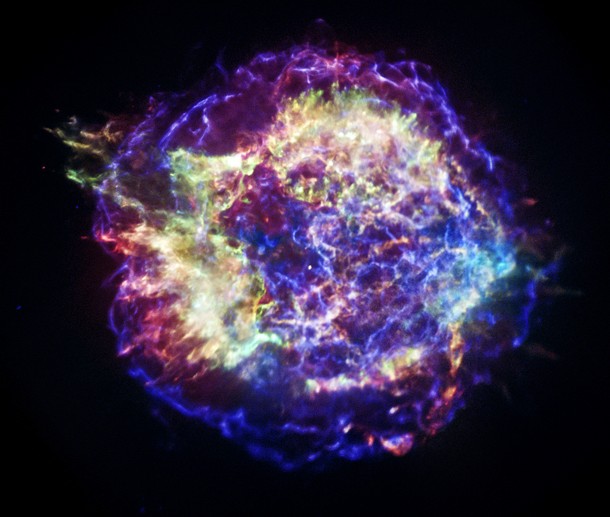 A photograph of Cas A from NASA's Chandra X-ray Observatory reveals the supernova remnant's complex structure. In this representative-color image low-energy X-rays are red, medium-energy ones are green, and the highest-energy X-rays detected by Chandra are colored blue. NASA/CXC/SAO A photograph of Cas A from NASA's Chandra X-ray Observatory reveals the supernova remnant's complex structure. In this representative-color image low-energy X-rays are red, medium-energy ones are green, and the highest-energy X-rays detected by Chandra are colored blue. NASA/CXC/SAO