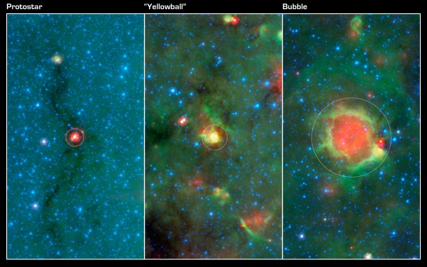 This series of images show three evolutionary phases of massive star formation, as pictured in infrared images from NASA's Spitzer Space Telescope. Image Credit: NASA/JPL-Caltech This series of images show three evolutionary phases of massive star formation, as pictured in infrared images from NASA's Spitzer Space Telescope. Image Credit: NASA/JPL-Caltech