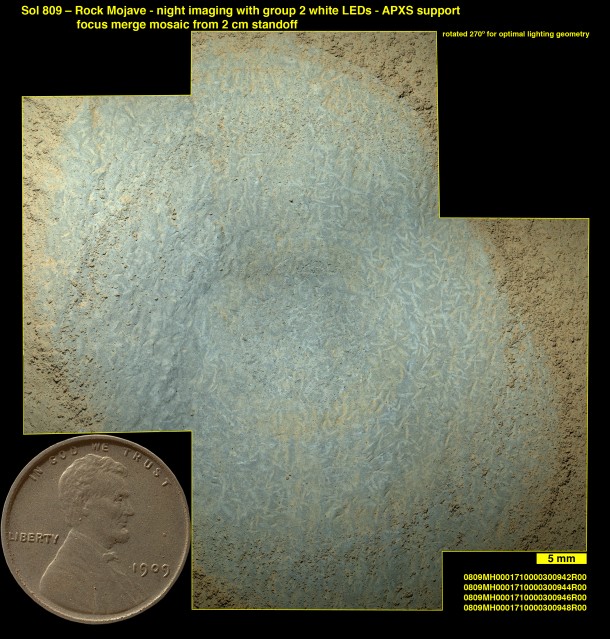 Lozenge-shaped crystals are evident in this magnified view of a Martian rock target called "Mojave," taken by the Mars Hand Lens Imager (MAHLI) instrument on the arm of NASA's Curiosity Mars rover. Image Credit: NASA/JPL-Caltech/MSSS Lozenge-shaped crystals are evident in this magnified view of a Martian rock target called "Mojave," taken by the Mars Hand Lens Imager (MAHLI) instrument on the arm of NASA's Curiosity Mars rover. Image Credit: NASA/JPL-Caltech/MSSS