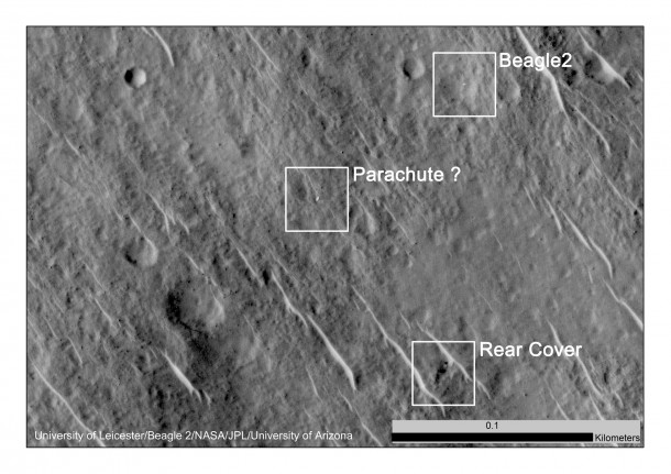 This annotated image shows where features seen in an observation by NASA's Mars Reconnaissance Orbiter have been interpreted as hardware from the Dec. 25, 2003, arrival at Mars of the United Kingdom's Beagle 2 Lander. The image was taken in 2014 by the orbiter's HiRISE camera. Image Credit: NASA/JPL-Caltech/Univ. of Arizona/University of Leicester This annotated image shows where features seen in an observation by NASA's Mars Reconnaissance Orbiter have been interpreted as hardware from the Dec. 25, 2003, arrival at Mars of the United Kingdom's Beagle 2 Lander. The image was taken in 2014 by the orbiter's HiRISE camera. Image Credit: NASA/JPL-Caltech/Univ. of Arizona/University of Leicester