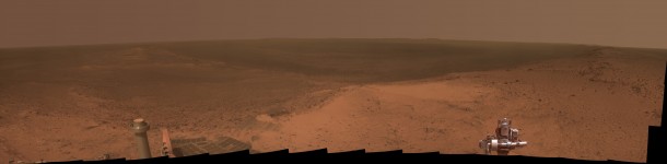 This panorama is the view NASA's Mars Exploration Rover Opportunity gained from the top of the "Cape Tribulation" segment of the rim of Endeavour Crater. The rover reached this point three weeks before the 11th anniversary of its January 2004 landing on Mars. Image Credit: NASA/JPL-Caltech/Cornell Univ./Arizona State Univ. This panorama is the view NASA's Mars Exploration Rover Opportunity gained from the top of the "Cape Tribulation" segment of the rim of Endeavour Crater. The rover reached this point three weeks before the 11th anniversary of its January 2004 landing on Mars. Image Credit: NASA/JPL-Caltech/Cornell Univ./Arizona State Univ.