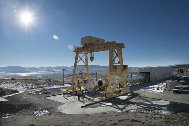 The first qualification motor for NASA's Space Launch System's booster is installed in ATK's test stand in Utah and is ready for a March 11 static-fire test. Image Credit: ATK The first qualification motor for NASA's Space Launch System's booster is installed in ATK's test stand in Utah and is ready for a March 11 static-fire test. Image Credit: ATK