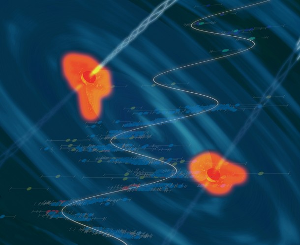 An artist's conception of a black hole binary in a heart of a quasar, with the data showing the periodic variability superposed. Credit: Santiago Lombeyda, Center for Data-Driven Discovery, Caltech. An artist's conception of a black hole binary in a heart of a quasar, with the data showing the periodic variability superposed. Credit: Santiago Lombeyda, Center for Data-Driven Discovery, Caltech.